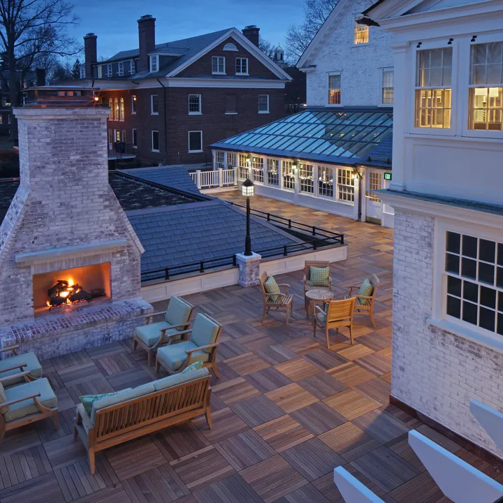 Lord Jeffery Inn Outdoor Fireplace Aerial View with Fire